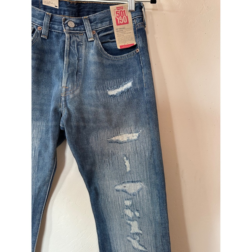 Levis 501 150th Anniversary Mens Straight Leg Distressed Jeans Blue 29x34 NEW - Picture 11 of 16